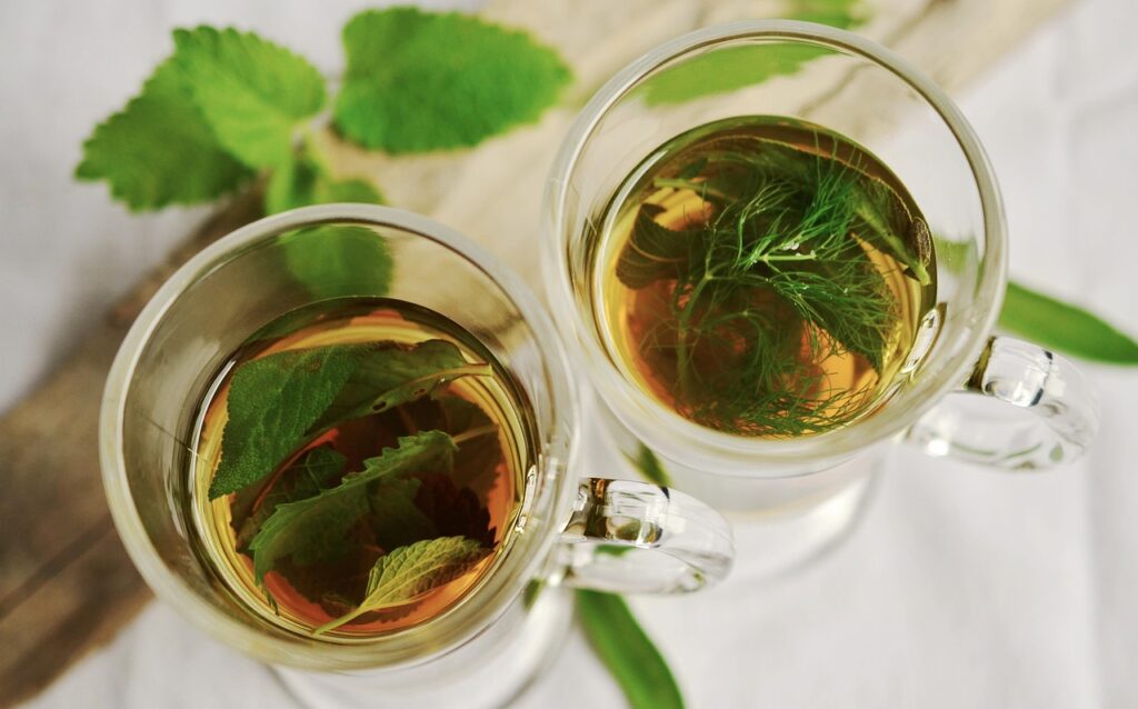 herbal tea, tea, herbs, cups, teacups, drinks, beverages, mint, sage, nature, fennel flavor, healthy, medicinal herbs, peppermint, leaves, tea herbs, herbal plant, glass
