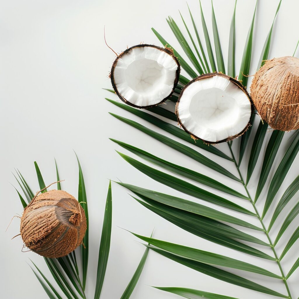 coconut leaves, coconut tree, open coconut, closed coconut, tropical leaves, coconut palm, coconut fruit, green coconut, coconut shell, exotic plants, island life, palm leaves, coconut groves, fresh coconut, tropical foliage, nature photography, coconut harvest, coconut details, palm tree leaves, natural products, tropical vibes